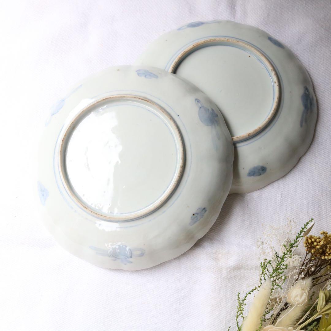 時代色絵伊万里　さわやかな赤絵に梅と鶯鳥籠図七寸皿プレート2枚 骨董古伊万里