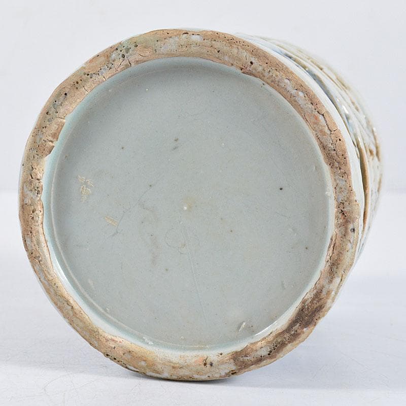 朝鮮　李朝　高麗白磁　染付　鏤雕卍葉文透かし　筆筒　G　R4660