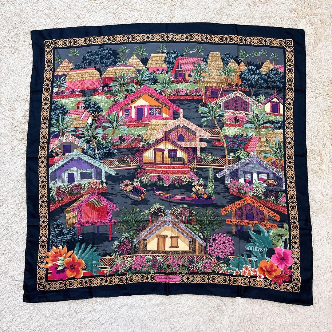 サルヴァトーレフェラガモ 大判スカーフ シルク イタリア製 花 トロピカル