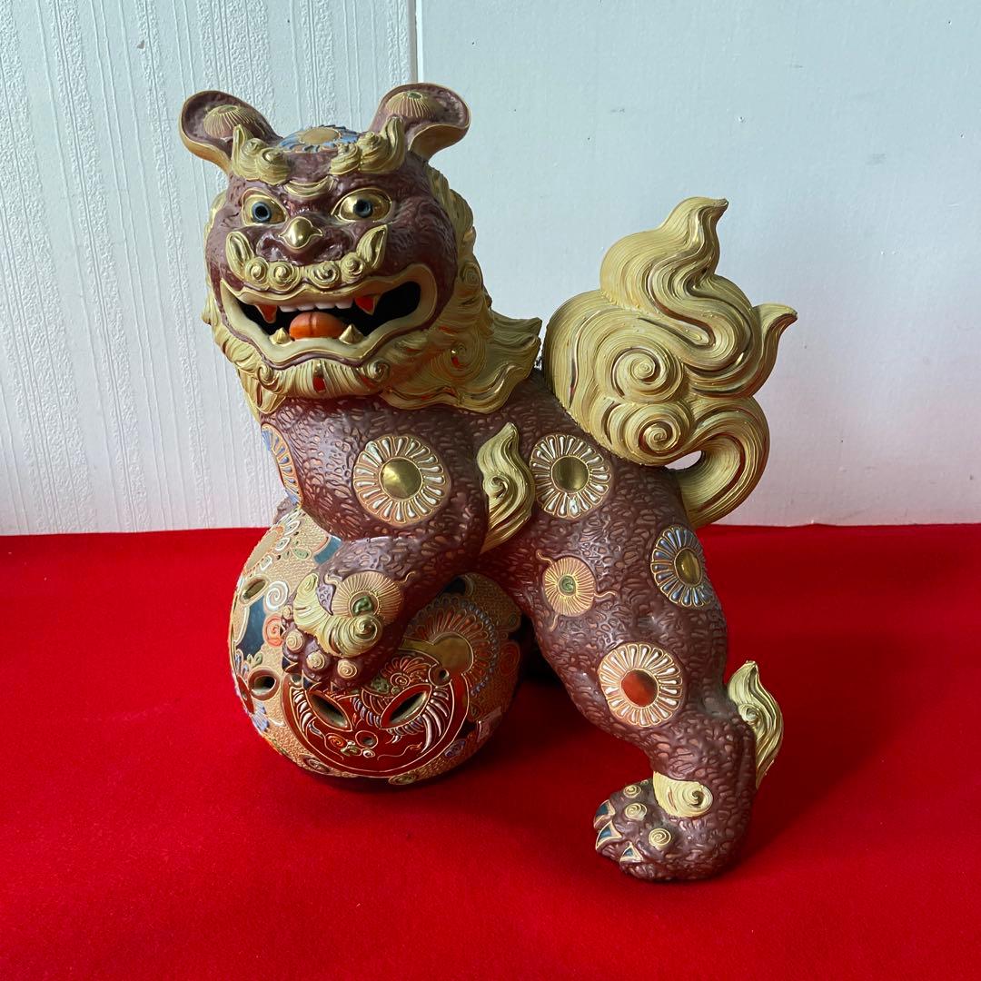 九谷焼 玉獅子 一対 レッド×ゴールド 魔除け 置物　e1158-A