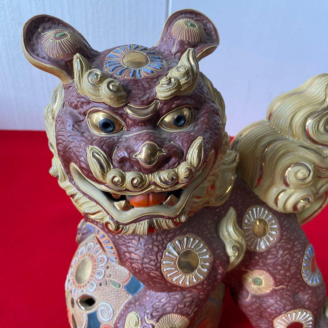 九谷焼 玉獅子 一対 レッド×ゴールド 魔除け 置物　e1158-A