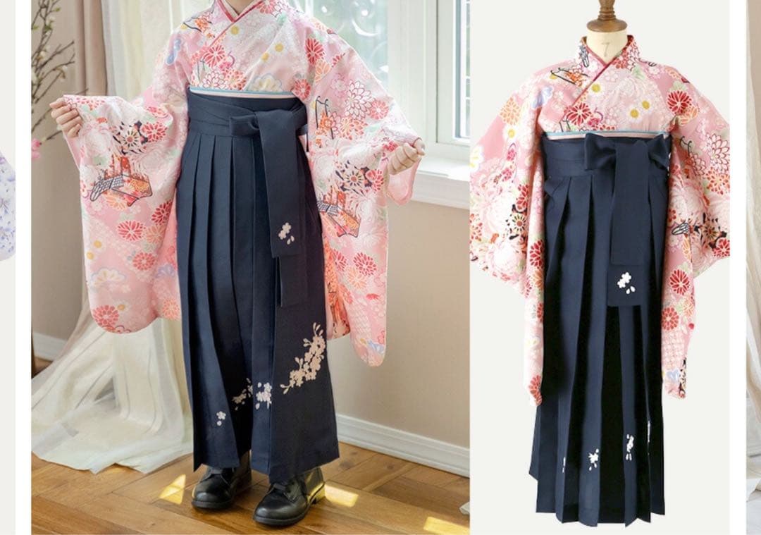 子供用 ピンク花柄着物 袴セット