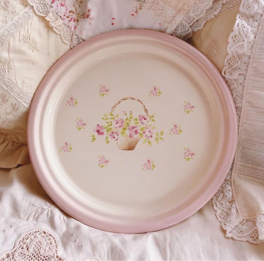 お値下げ♡イマンローズバスケットホーロートレーマニーローズ薔薇雑貨アンティーク