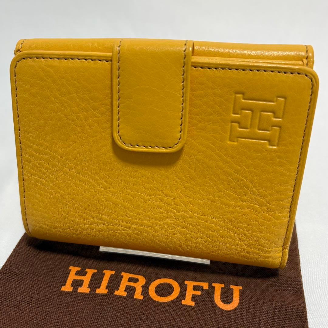 未使用級 ヒロフ 折り財布 H ロゴ型押し シボ革 レザー コンパクト イエロ