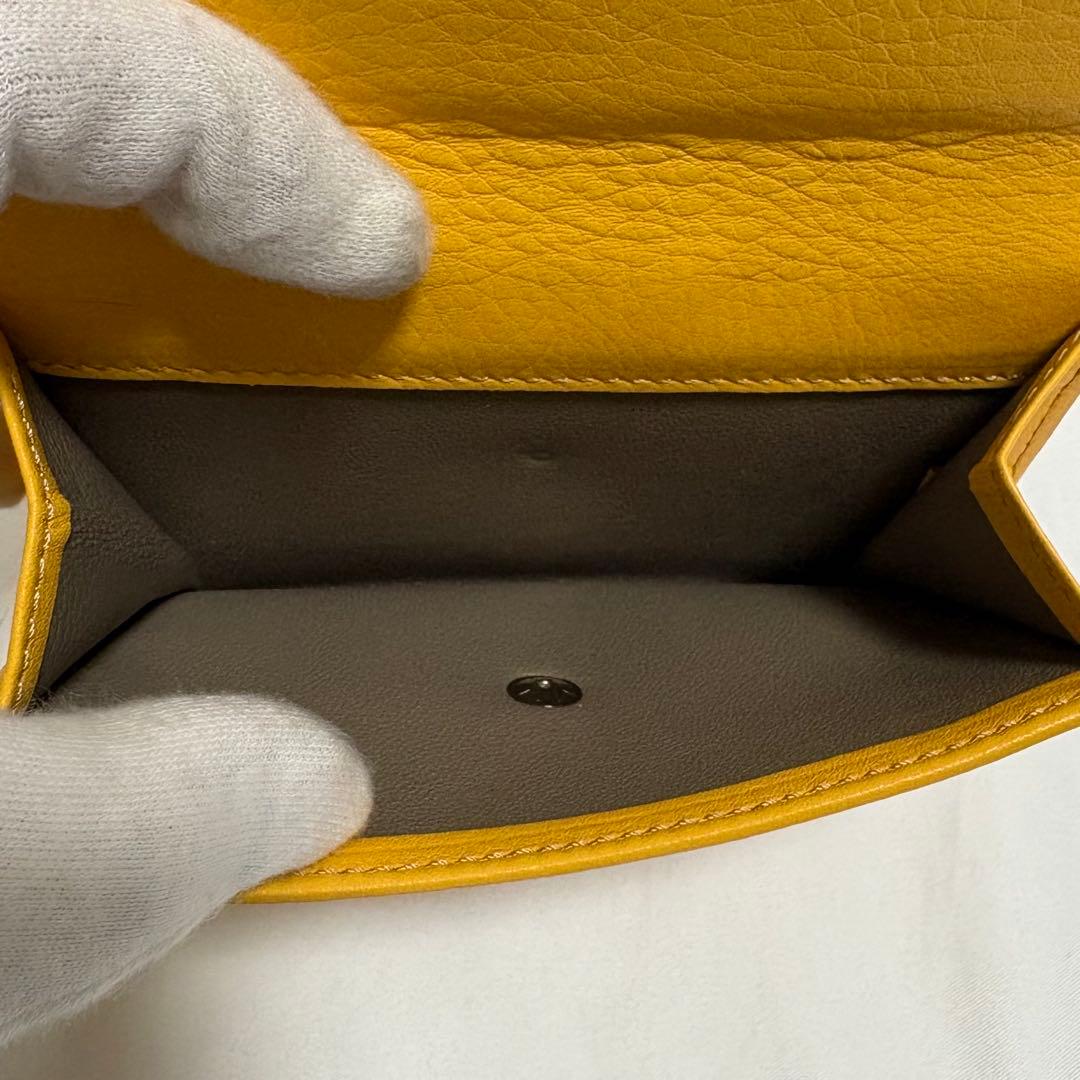 未使用級 ヒロフ 折り財布 H ロゴ型押し シボ革 レザー コンパクト イエロ