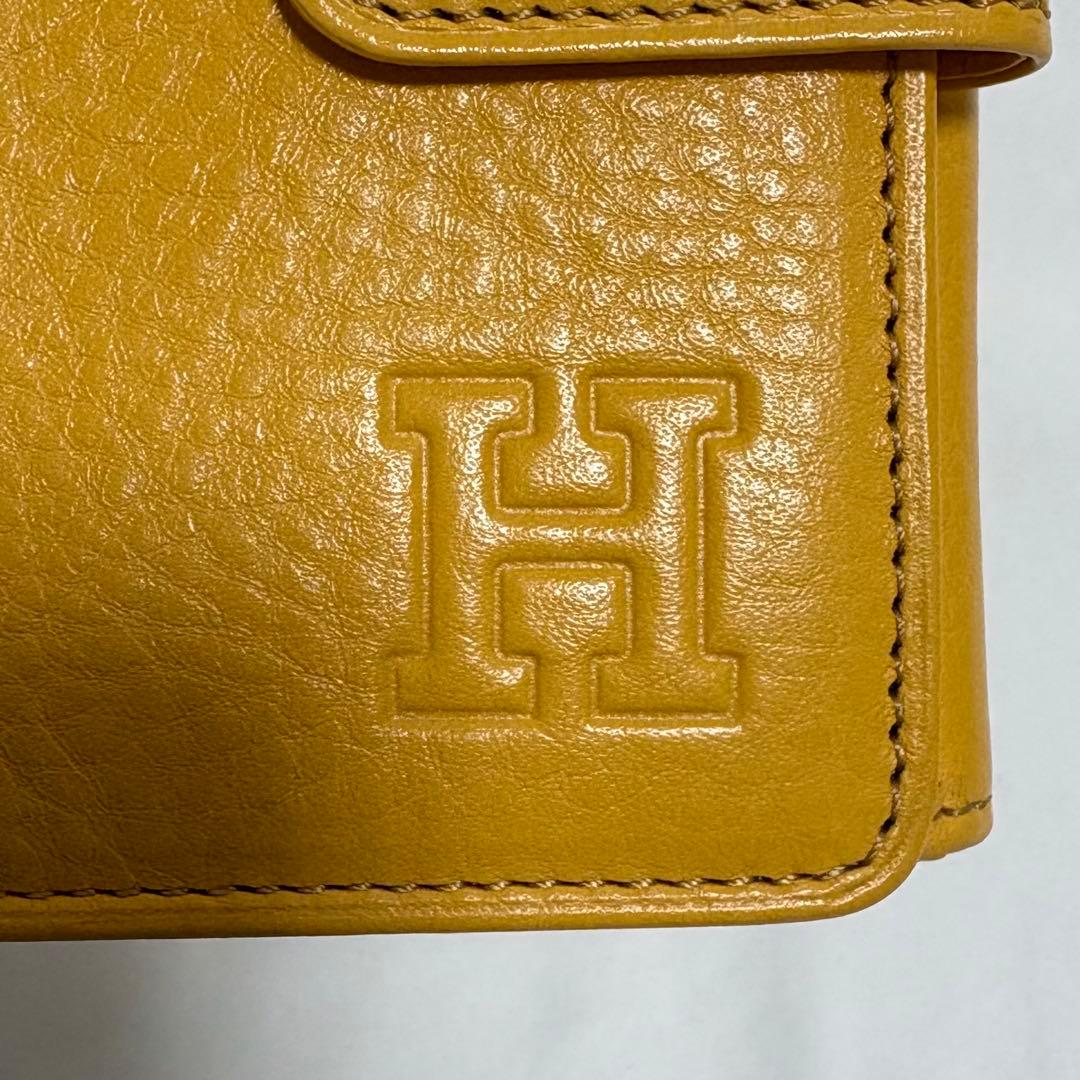 未使用級 ヒロフ 折り財布 H ロゴ型押し シボ革 レザー コンパクト イエロ