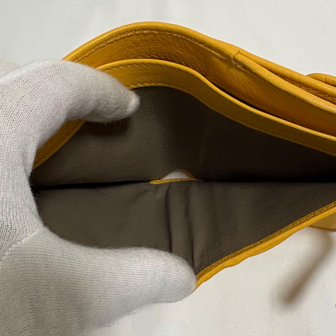 未使用級 ヒロフ 折り財布 H ロゴ型押し シボ革 レザー コンパクト イエロ