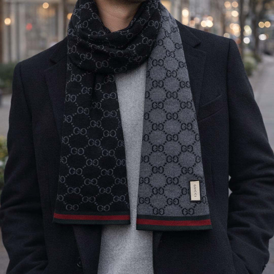 GUCCI GG柄 マフラー リバーシブル ブラック グレー 正規品