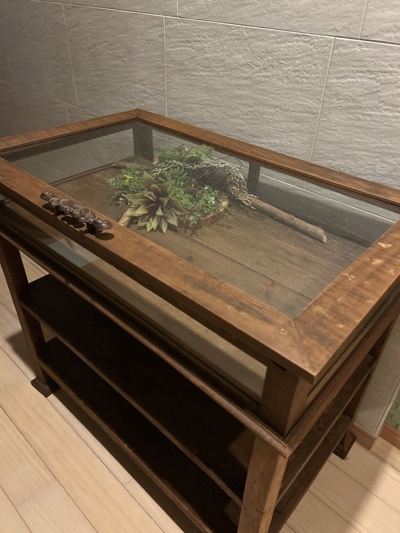 木製　アンティーク調ガラスショーケース　コレクション　ディスプレイ　ビンテージ風