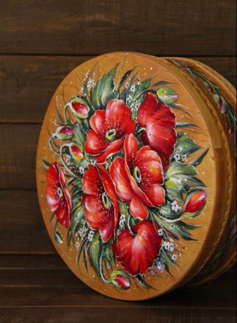 ロシア雑貨☆白樺べレスタ『スカーレット・ポピー』ラウンド収納boxマトリョーシカ