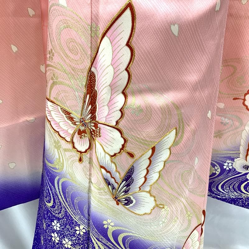 504ag8□七五三 七歳 女児 着物&袋帯&長襦袢 金駒刺繍 蝶□美品