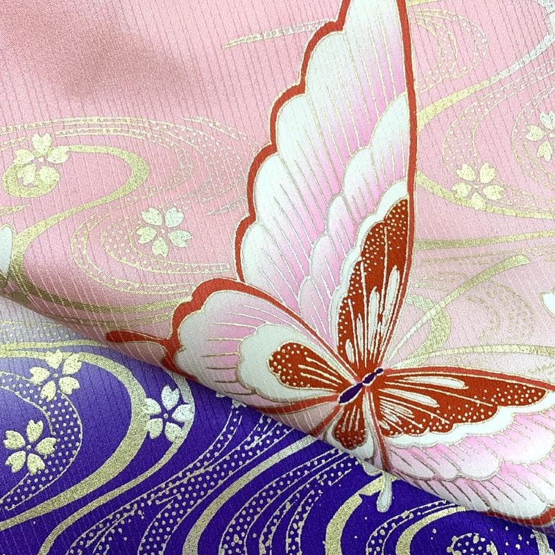 504ag8□七五三 七歳 女児 着物&袋帯&長襦袢 金駒刺繍 蝶□美品