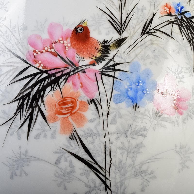 中国　余海犮作　景徳鎮製款　粉彩　漢詩花鳥文　玉壺春瓶　証明書付　MR9302B