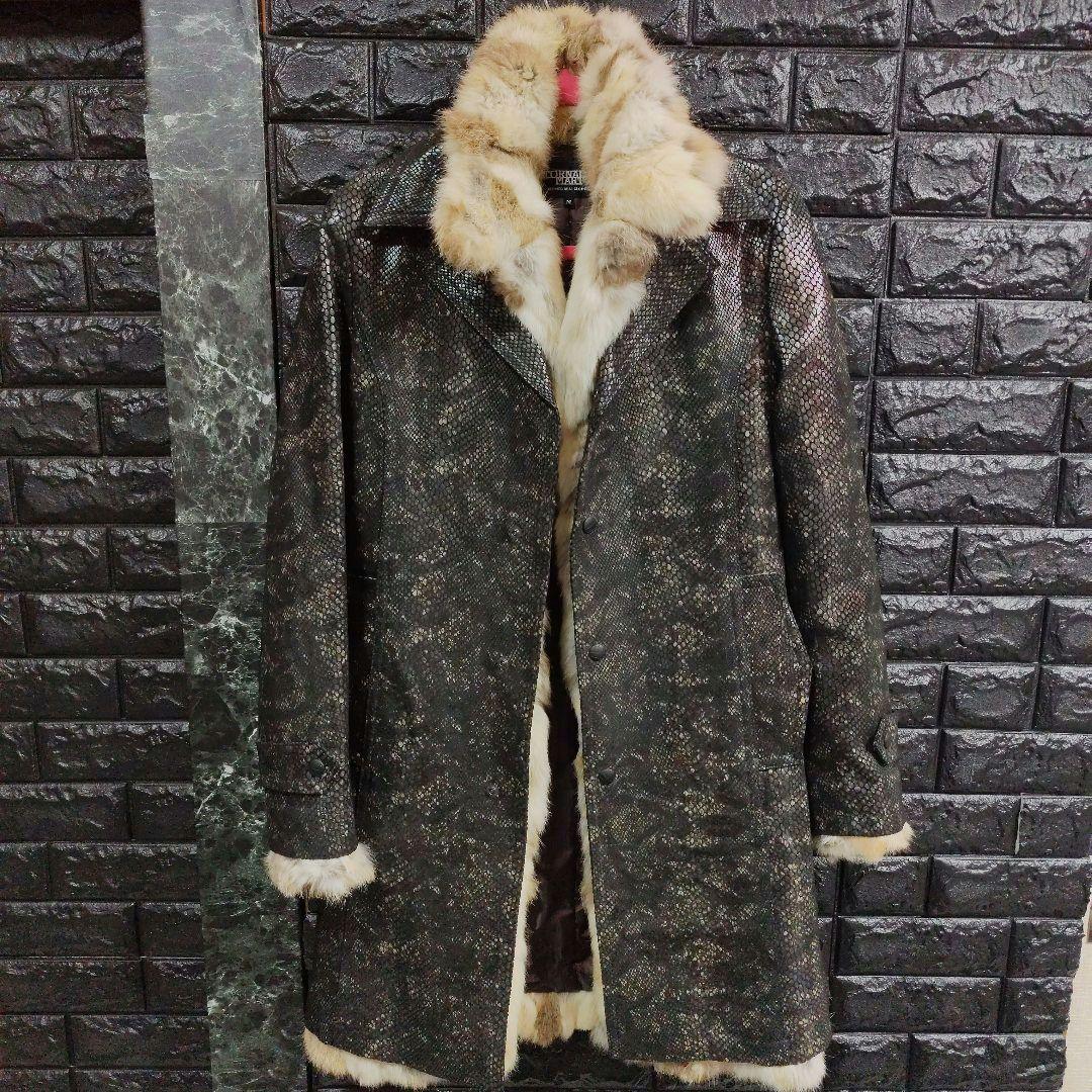 タケシ未使用品トルネードマートラビットファー黒パイソン柄レザー豚革コート