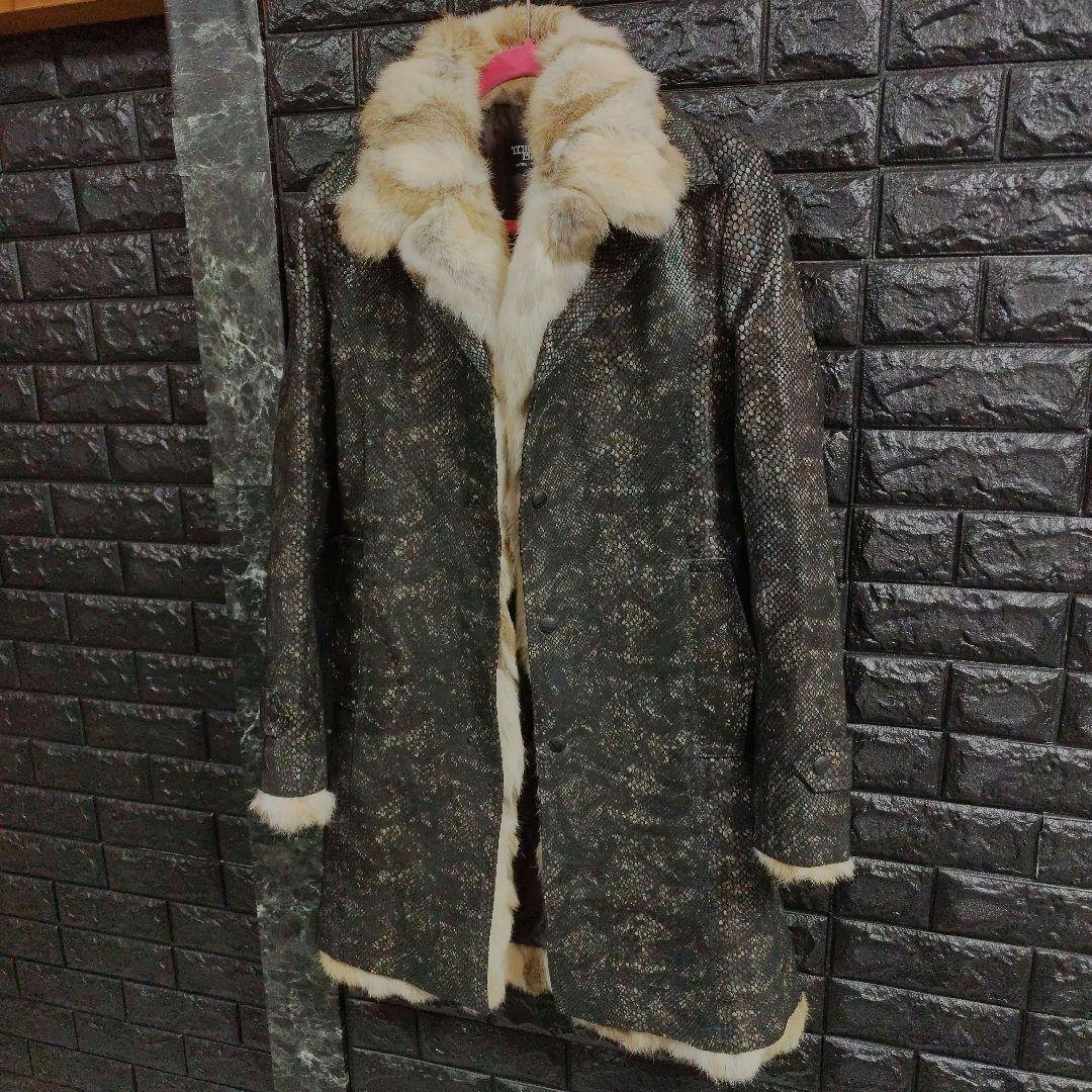 タケシ未使用品トルネードマートラビットファー黒パイソン柄レザー豚革コート