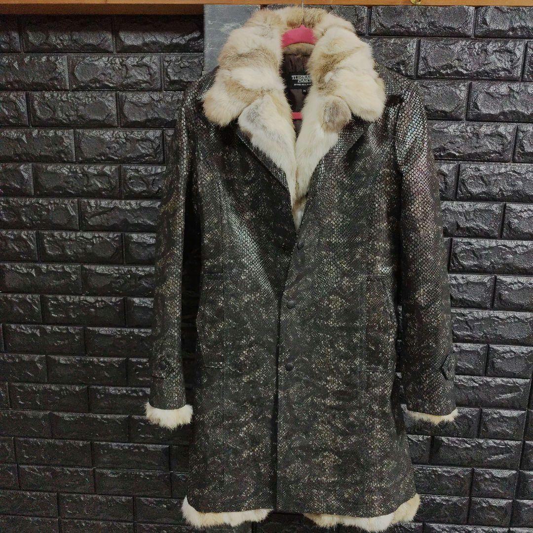 タケシ未使用品トルネードマートラビットファー黒パイソン柄レザー豚革コート