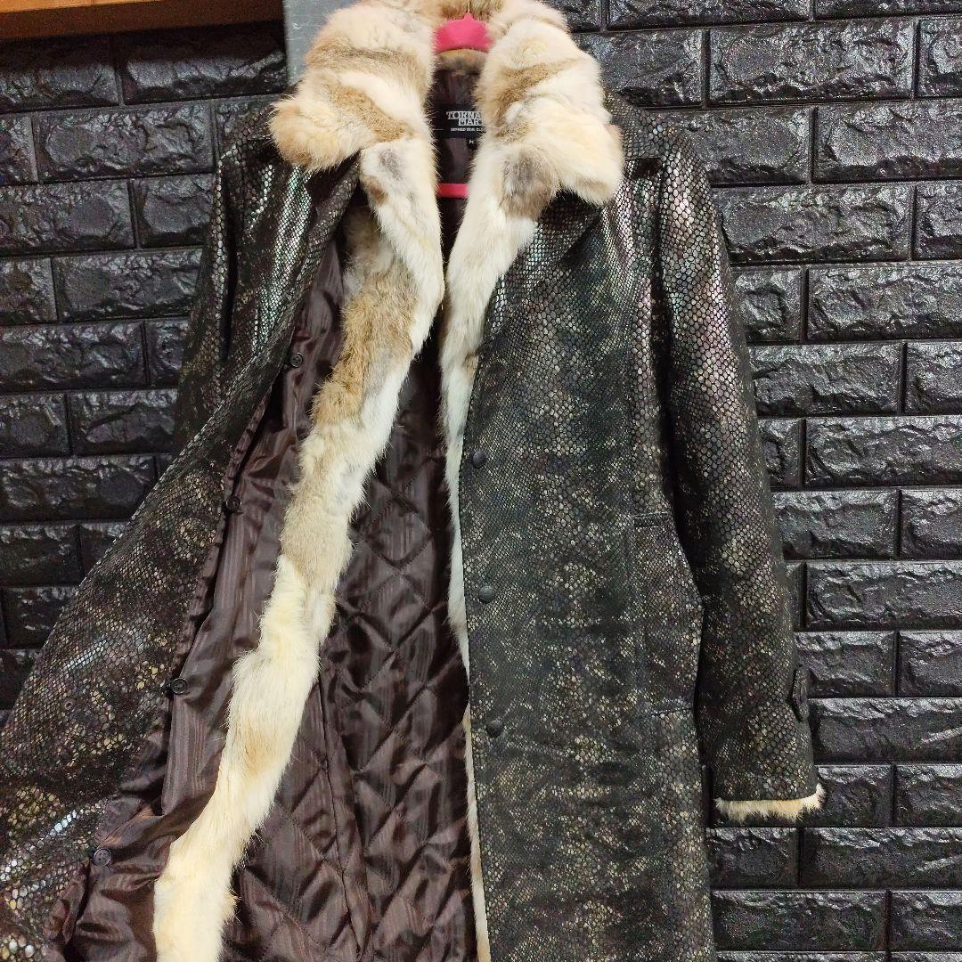 タケシ未使用品トルネードマートラビットファー黒パイソン柄レザー豚革コート