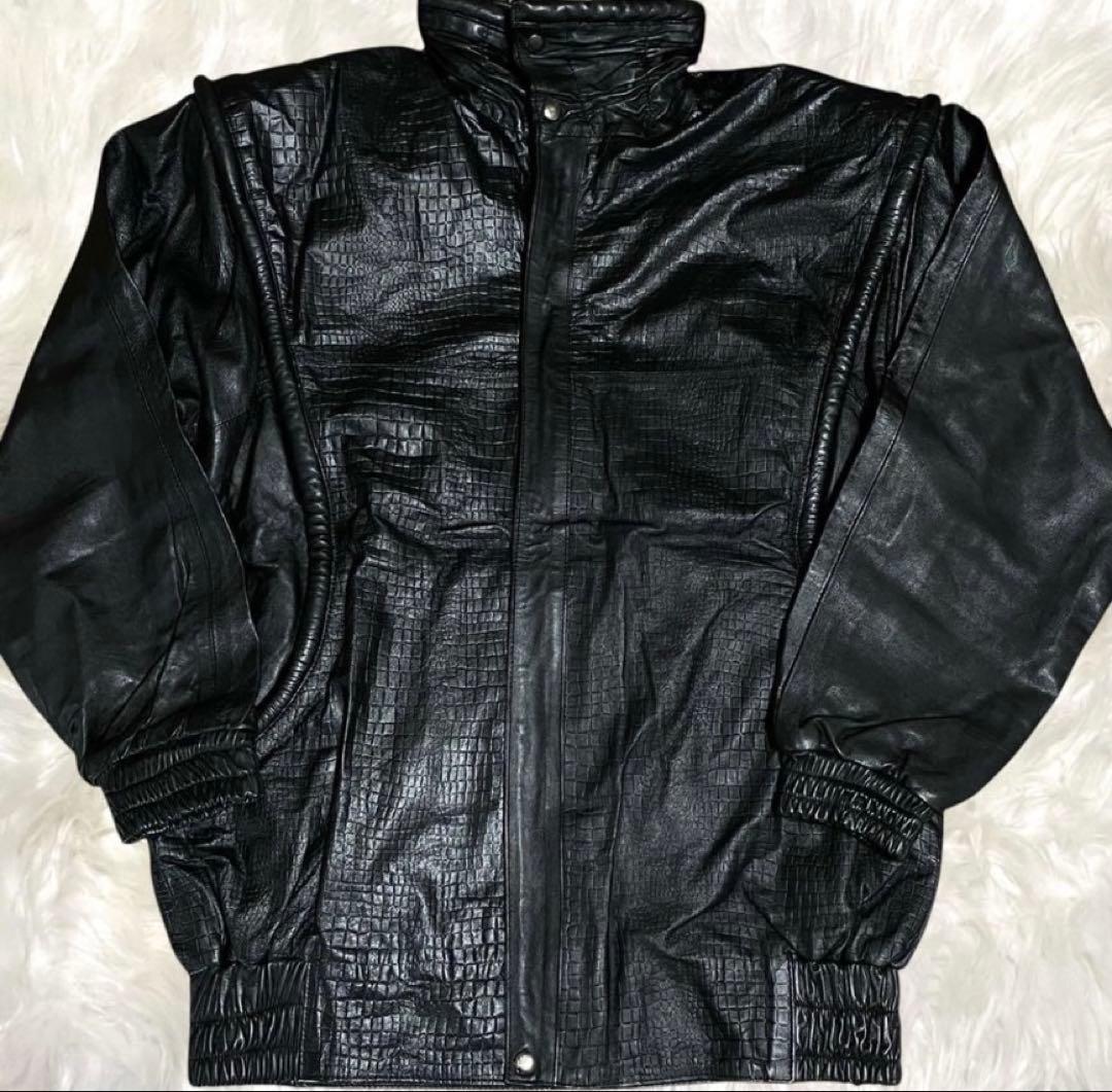 ALPHA レザージャケット　ライダース　クロコ型押し　ブラック LL位 羊革
