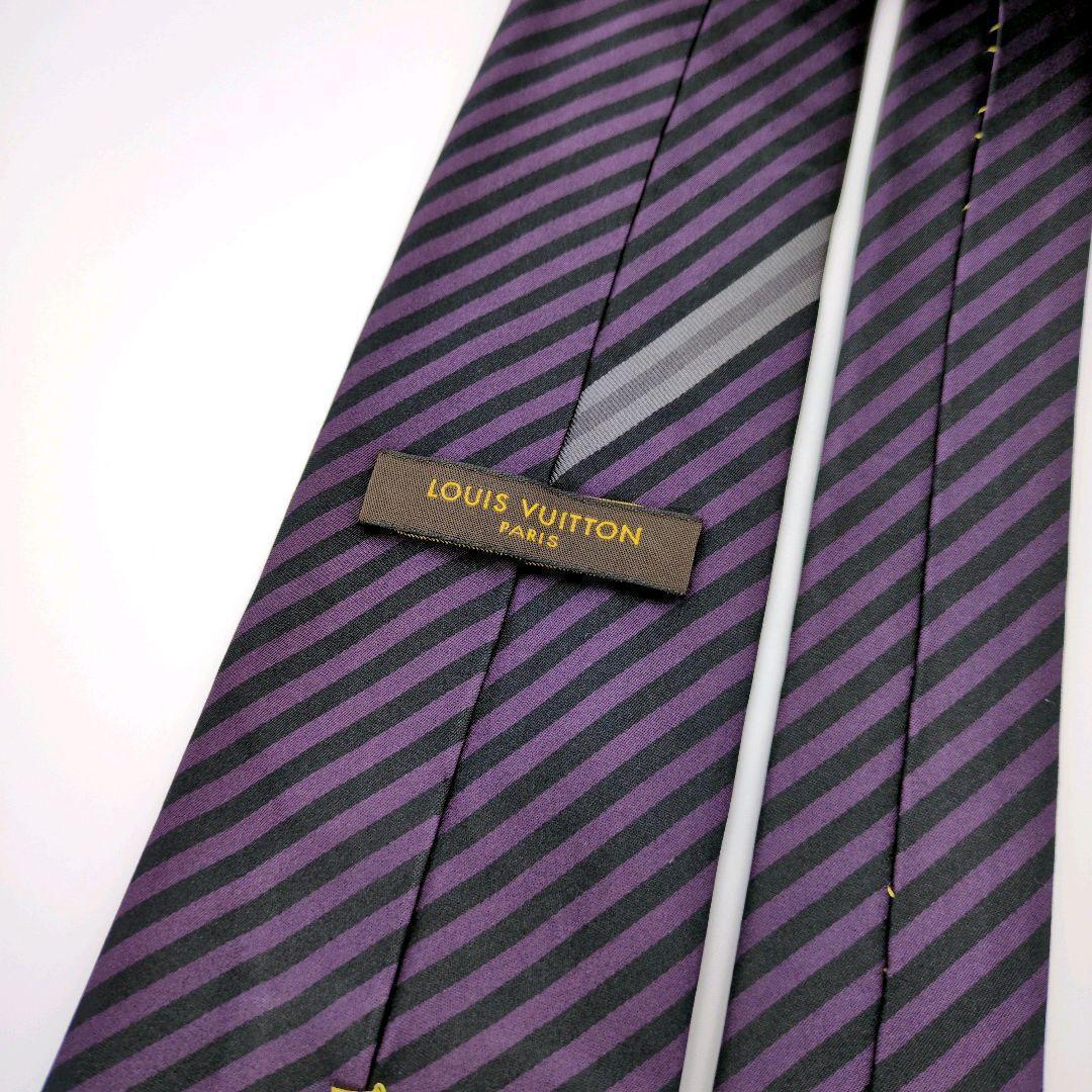 【イタリア製】ルイヴィトン ネクタイ パープル ブラック ストライプ LVロゴ