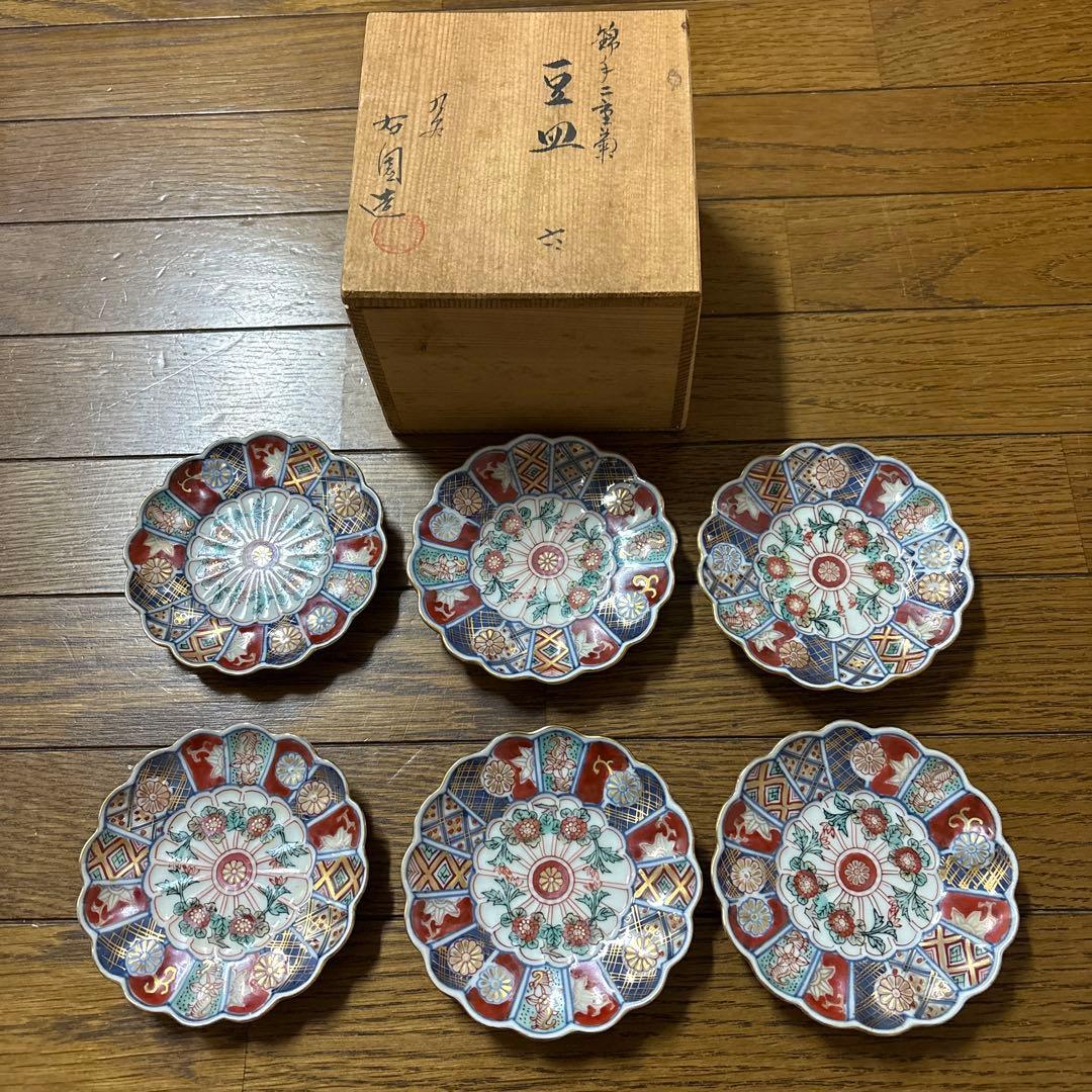 大聖寺伊万里 金襴手 更紗花文 菊形豆皿 明治時代　6枚セット