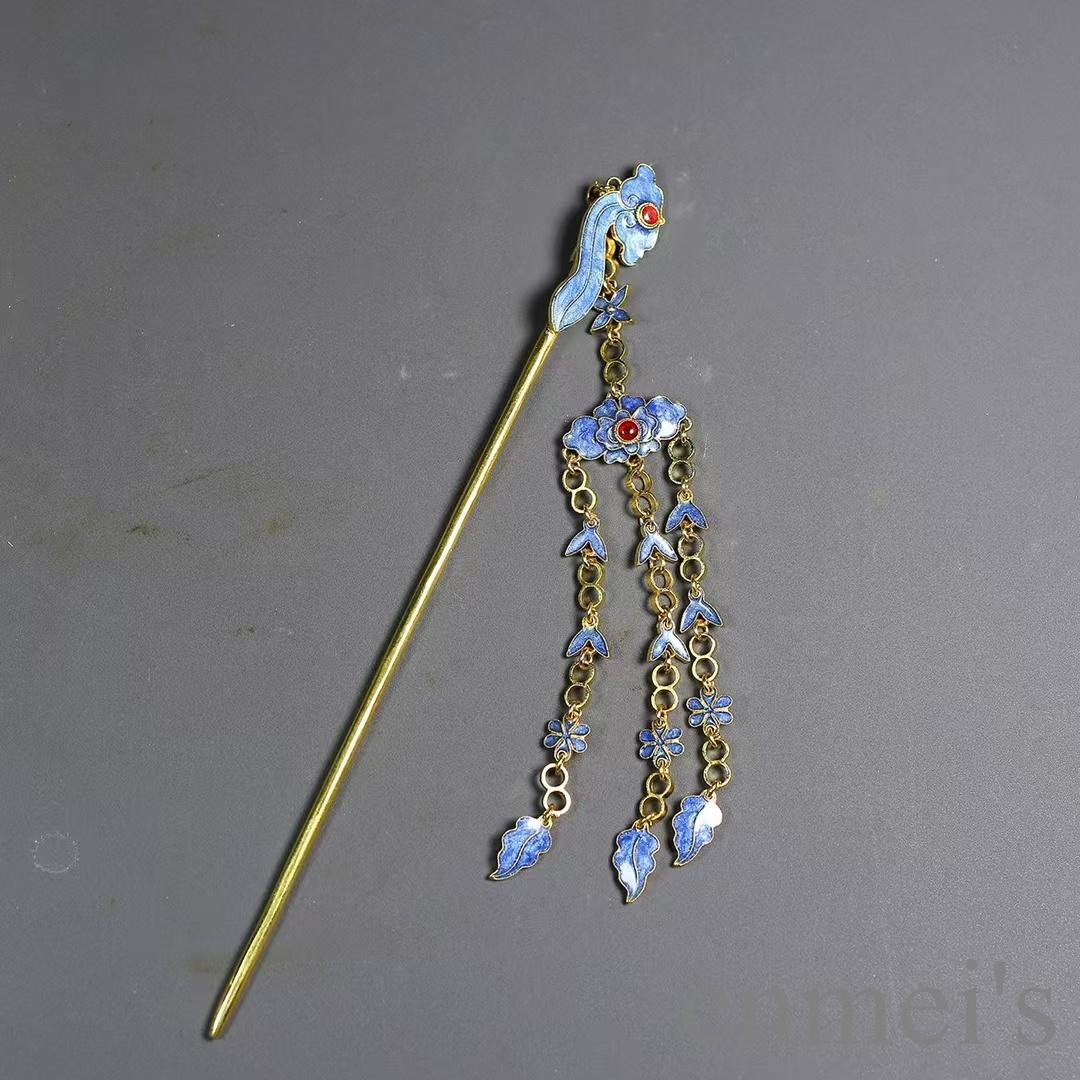 中国古美術 鍍金 純銅製 景泰藍 装身具 首飾一式 簪・耳飾・胸飾・指輪 古賞物