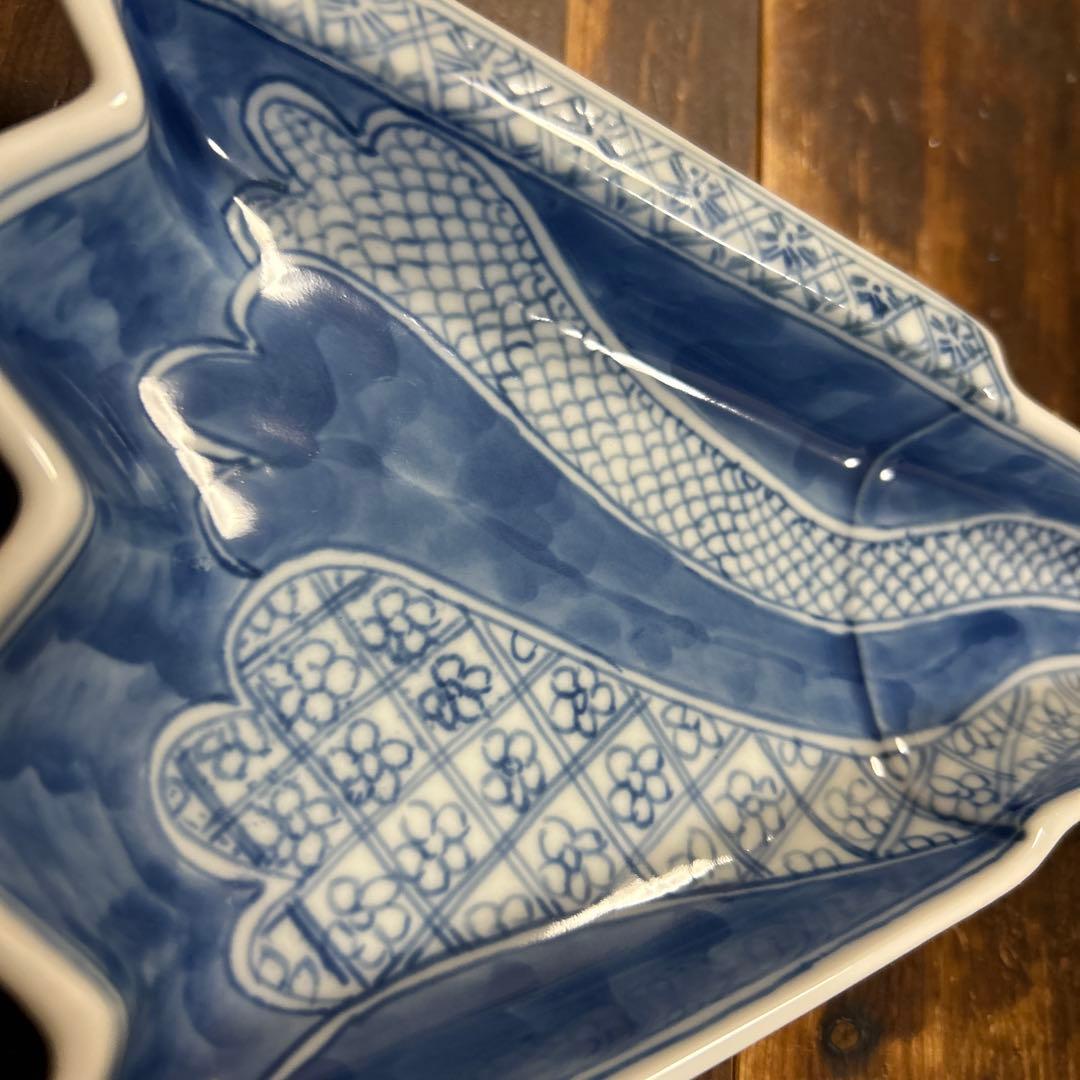 九谷焼　阿古窯　染付　手描き　小扇子　半開扇皿　５枚