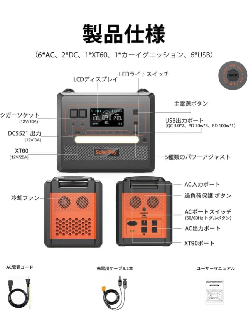 P*e様 SolarPlay 2500W ポータブル電源2300Wh/72000