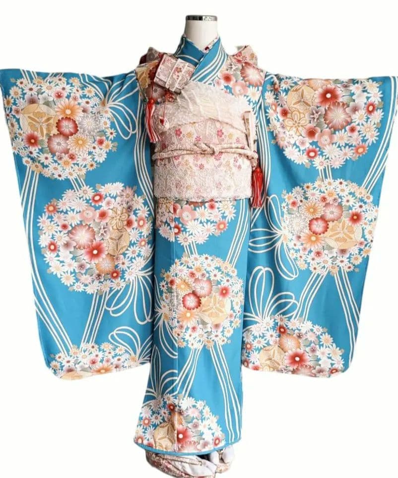 くすみブルーに大きな花薬玉の着物と帯☆七五三フルセット