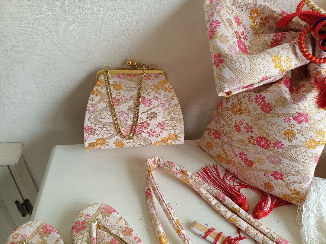 くすみブルーに大きな花薬玉の着物と帯☆七五三フルセット