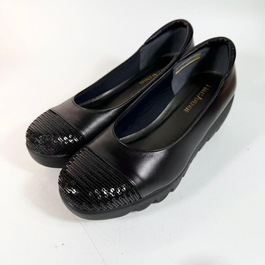 【未使用級】ヒルズアベニュー　パンプス（22）ラメ　ウェーブソール　黒　レザー