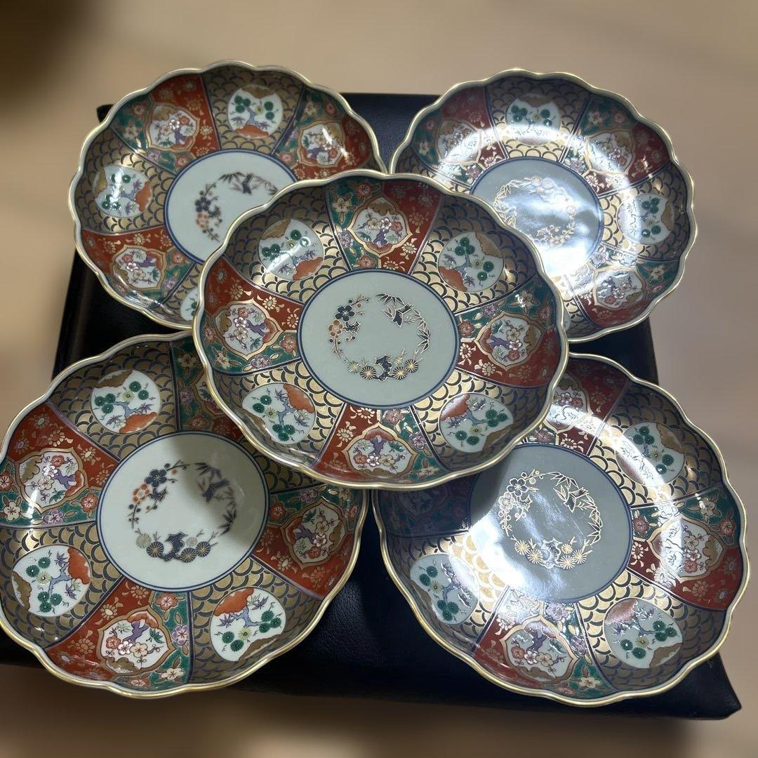 【美品】有田焼 林九郎窯 名工 古伊万里 金彩 色絵皿 5枚