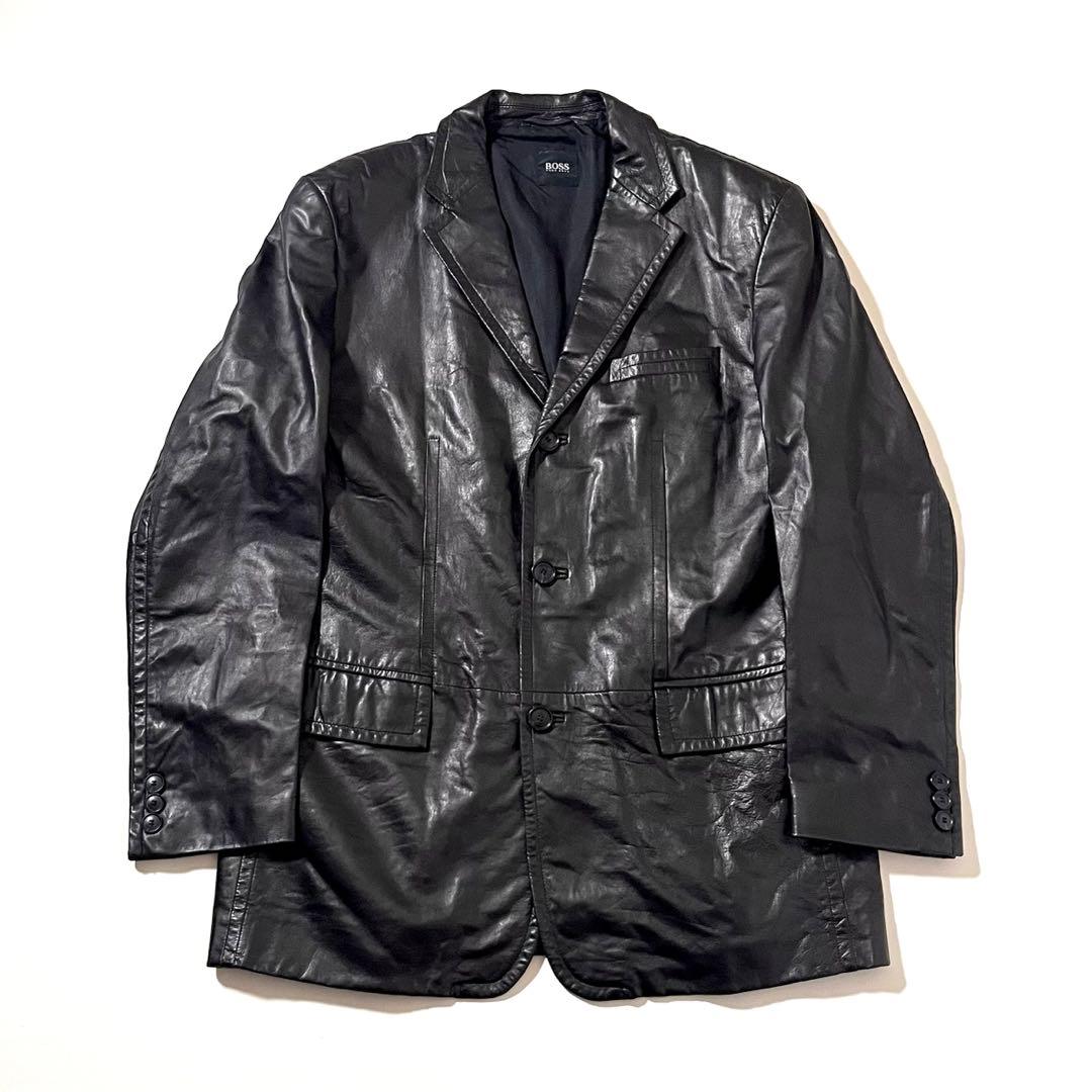 【美品】HUGO BOSS　ラムレザー テーラード ジャケット　54サイズ　黒