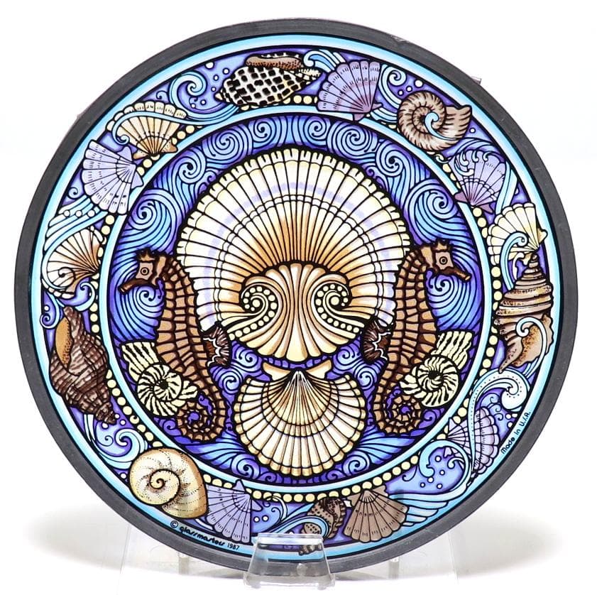 タツノオトシゴと貝殻 ヴィンテージ ステンドグラス 青 グラスマスターズ社 海