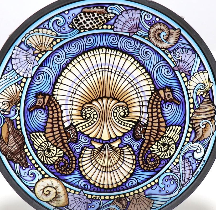 タツノオトシゴと貝殻 ヴィンテージ ステンドグラス 青 グラスマスターズ社 海