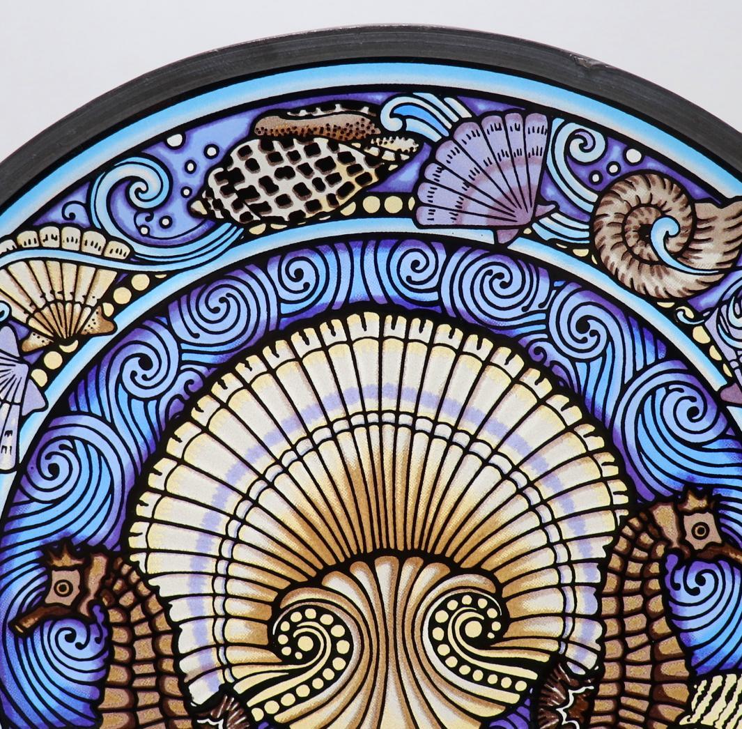 タツノオトシゴと貝殻 ヴィンテージ ステンドグラス 青 グラスマスターズ社 海