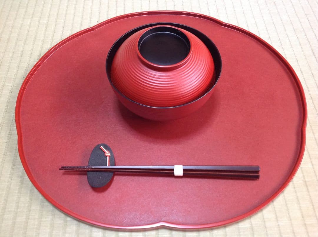 お正月　一人雑煮セット 梅盆　朱塗轆轤目雑煮椀　京塗細箸