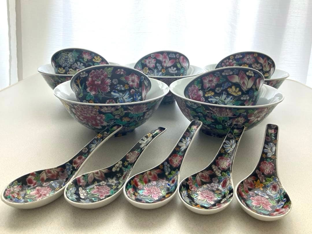 景徳鎮　花柄　陶器　レンゲ　丼　鉢　スープ　茶碗　中国　骨董　希少　レア