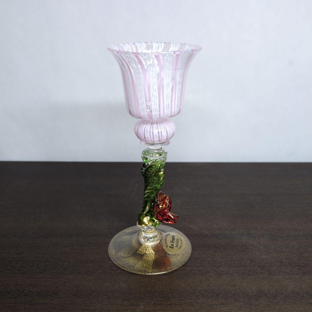 ムラーノガラス 金彩 レースガラス 花形ステム ミニグラス 酒器