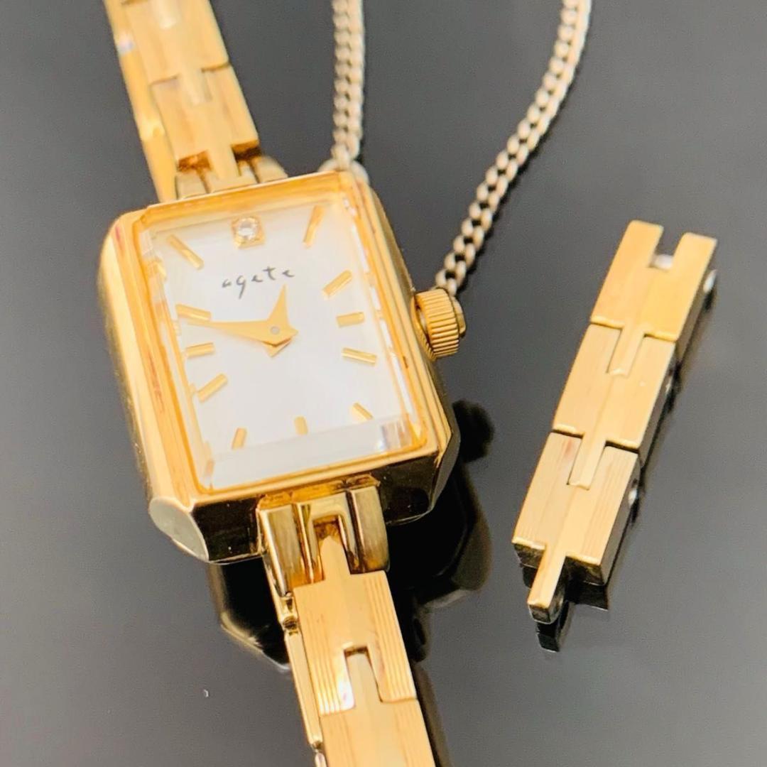 稼働品 美品 アガット ダイヤモンド 腕時計 ゴールド スクエア silver