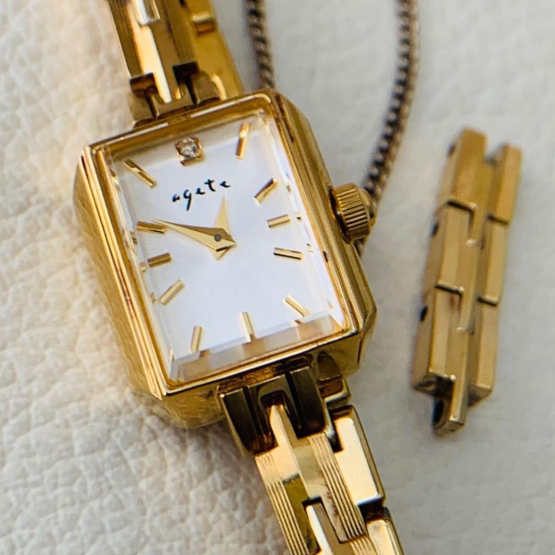 稼働品 美品 アガット ダイヤモンド 腕時計 ゴールド スクエア silver