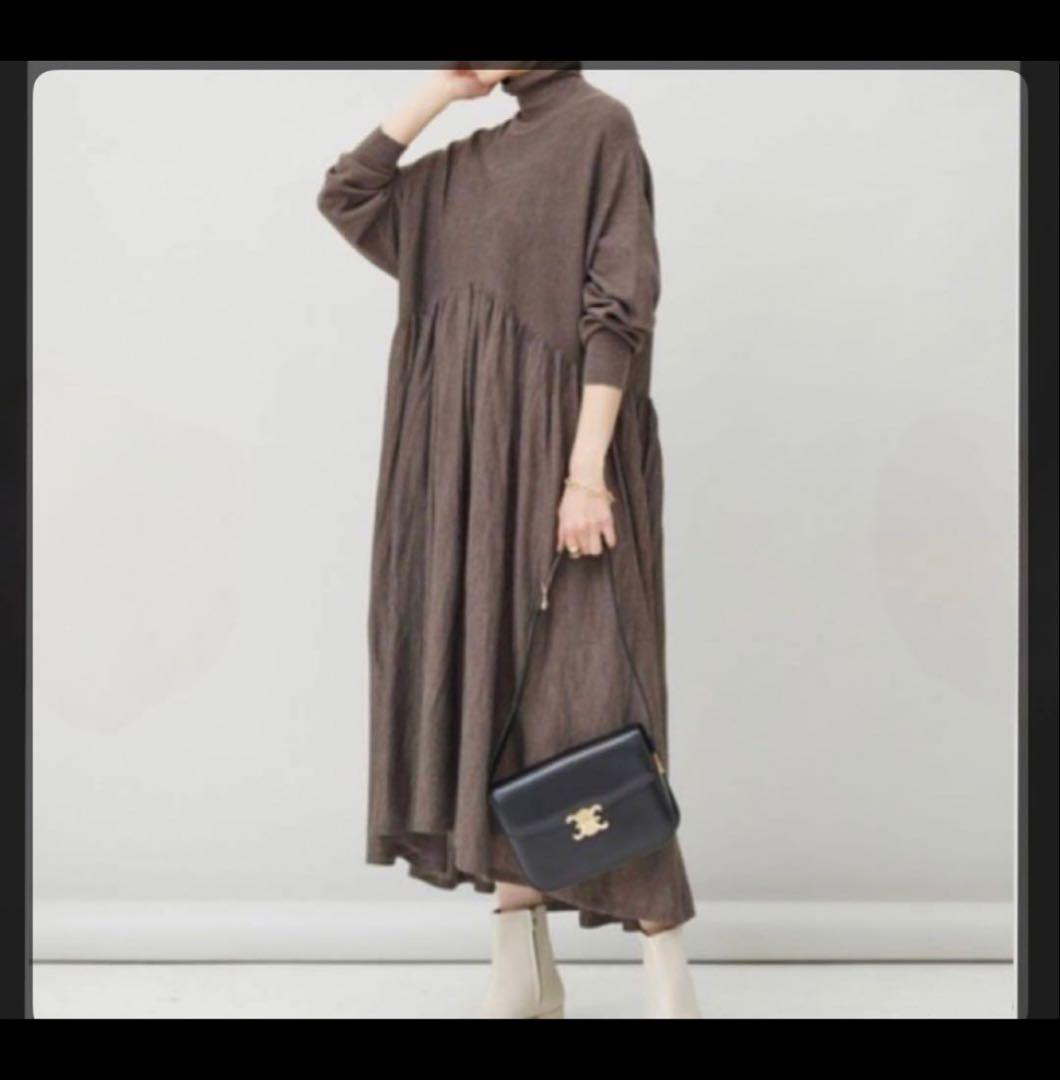 カレンソロジー　ブラウンウールハイネックギャザー ワンピース　ロングドレス