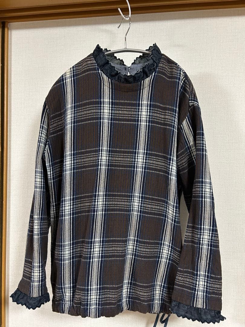 45R藍ざっくりネルのフリルTシャツ　お値下げ