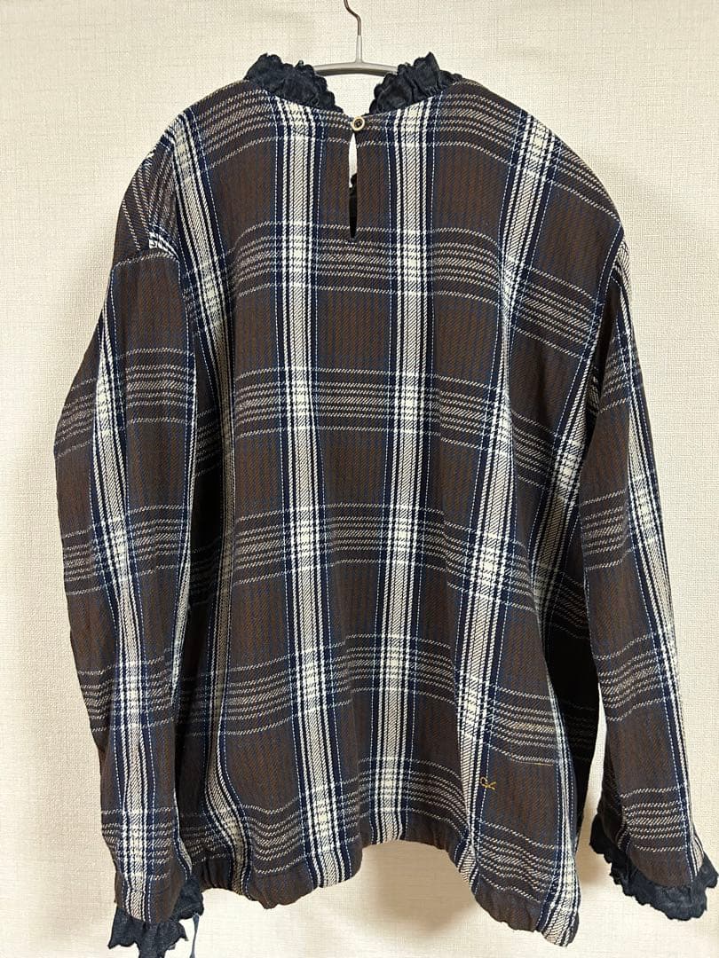 45R藍ざっくりネルのフリルTシャツ　お値下げ