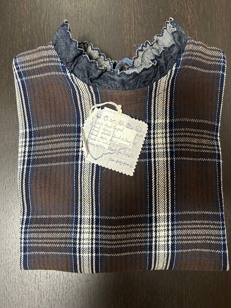 45R藍ざっくりネルのフリルTシャツ　お値下げ