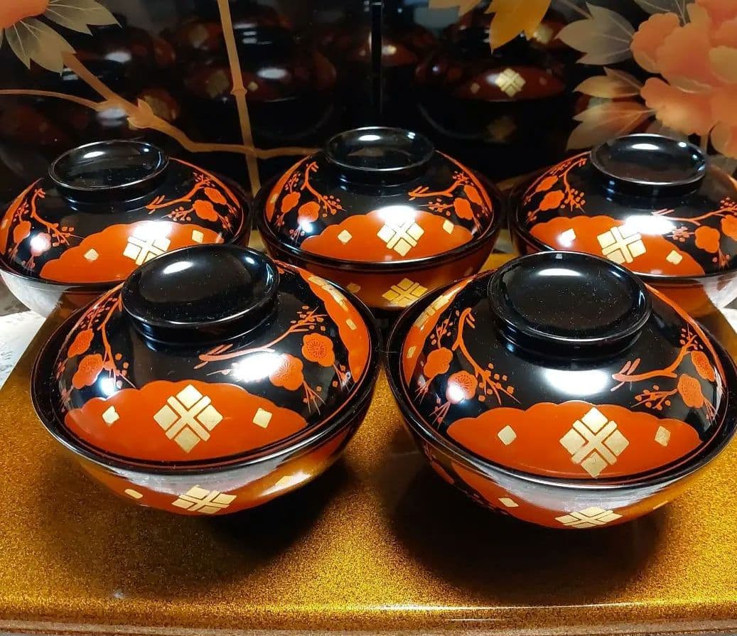 輪島塗正法寺梅椀くり貫き大型五客