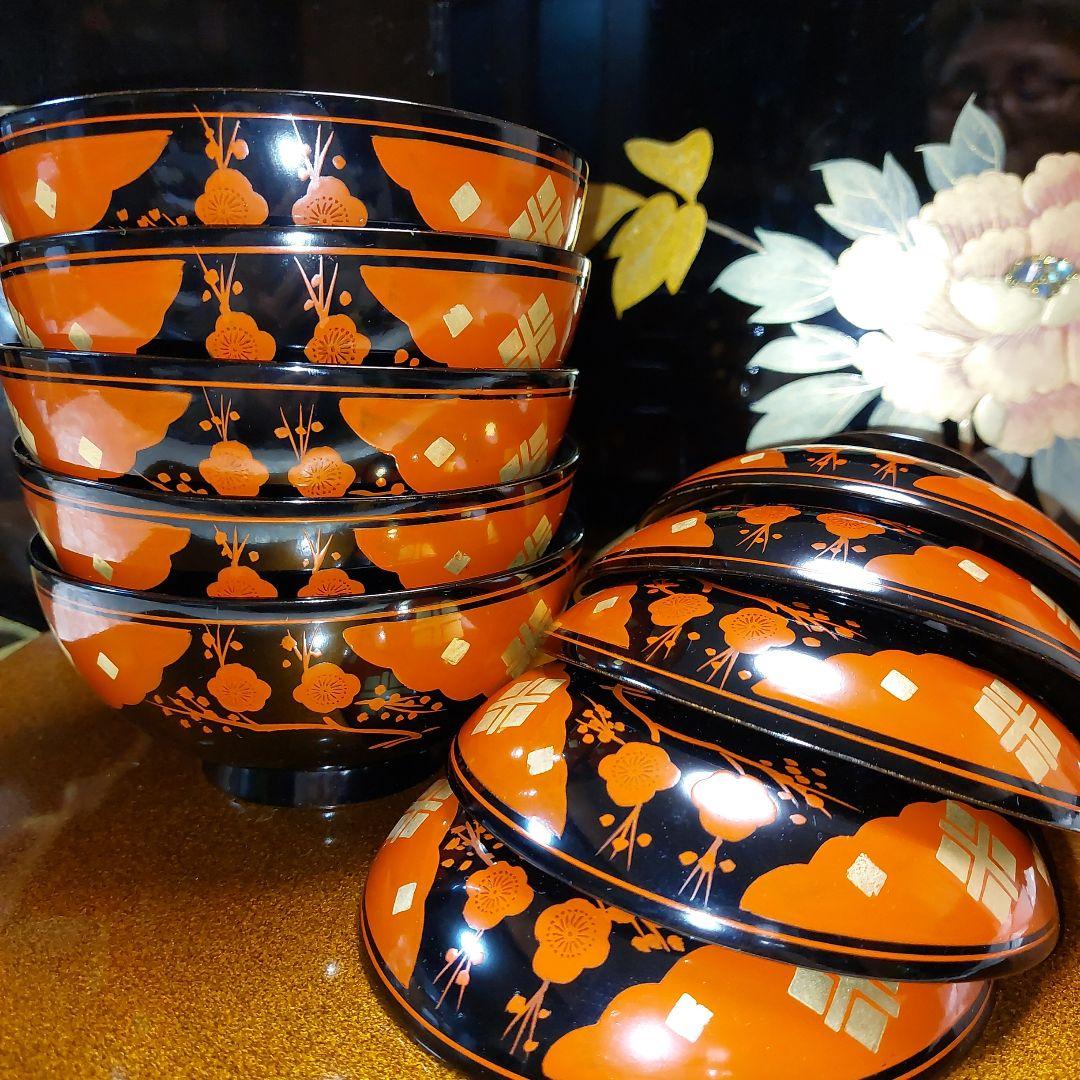 輪島塗正法寺梅椀くり貫き大型五客