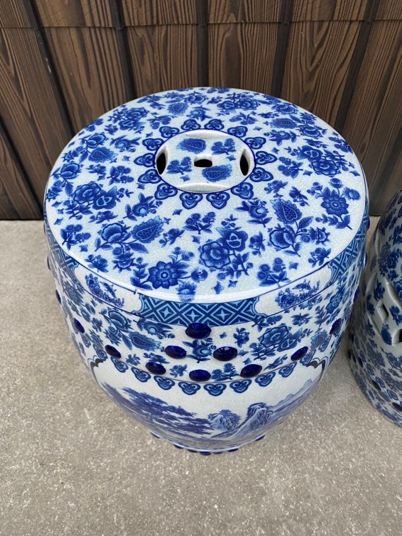 陶器　椅子　花台　ガーデンチェア　染付　山水風景　イス　フラワースタンド　 玄関