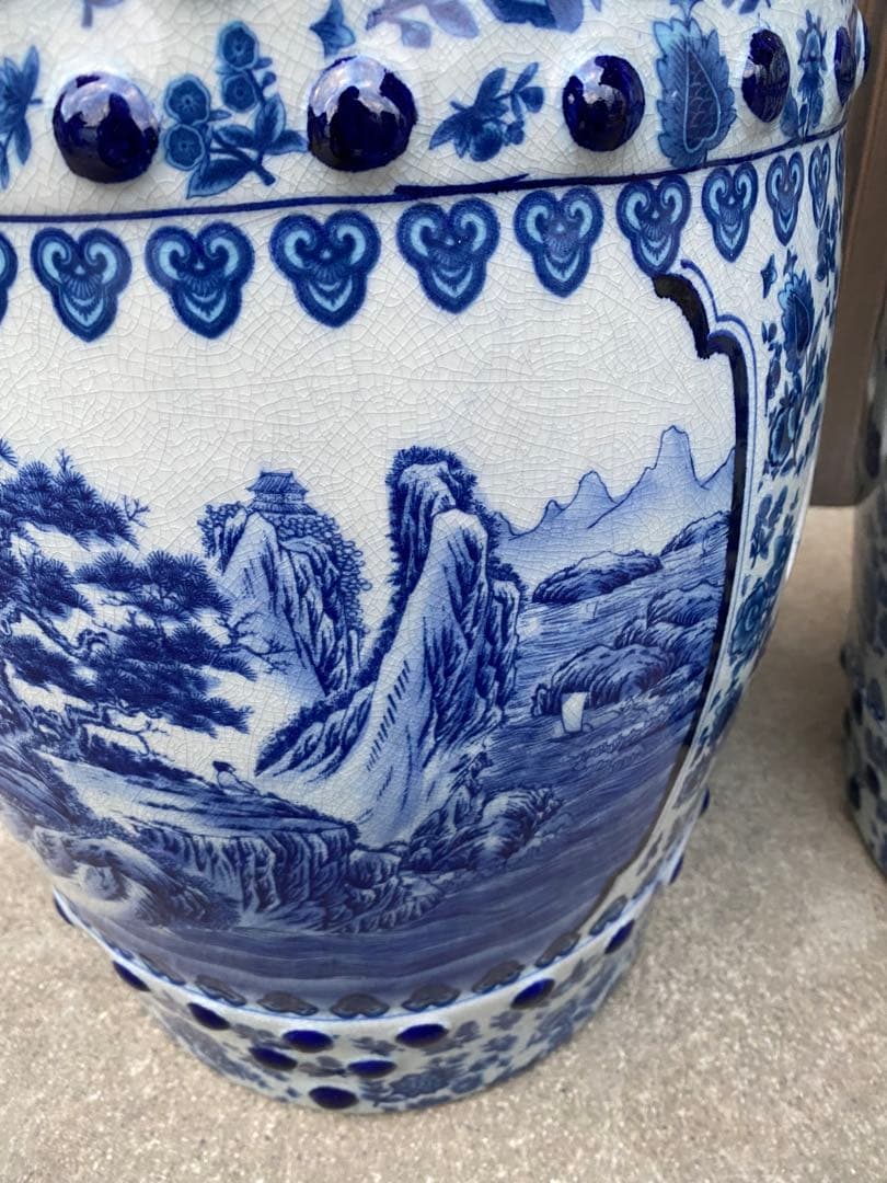 陶器　椅子　花台　ガーデンチェア　染付　山水風景　イス　フラワースタンド　 玄関