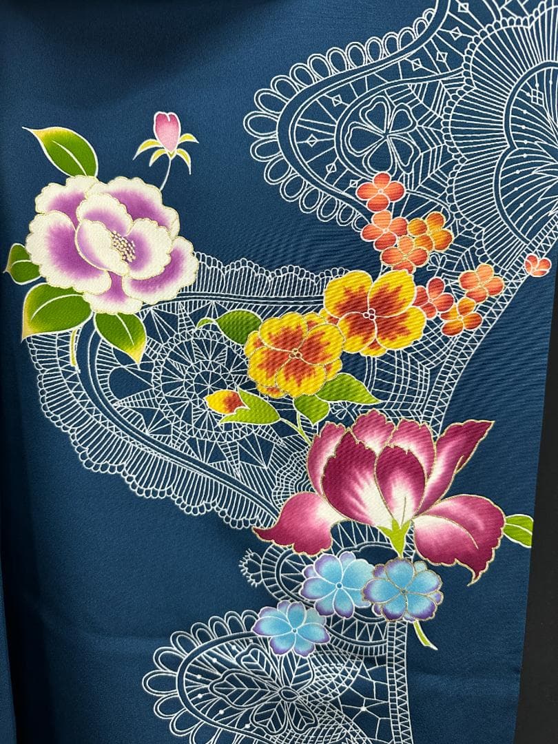 誰が袖好み 高島屋×千總 群青色 手描き友禅 振袖 落款あり