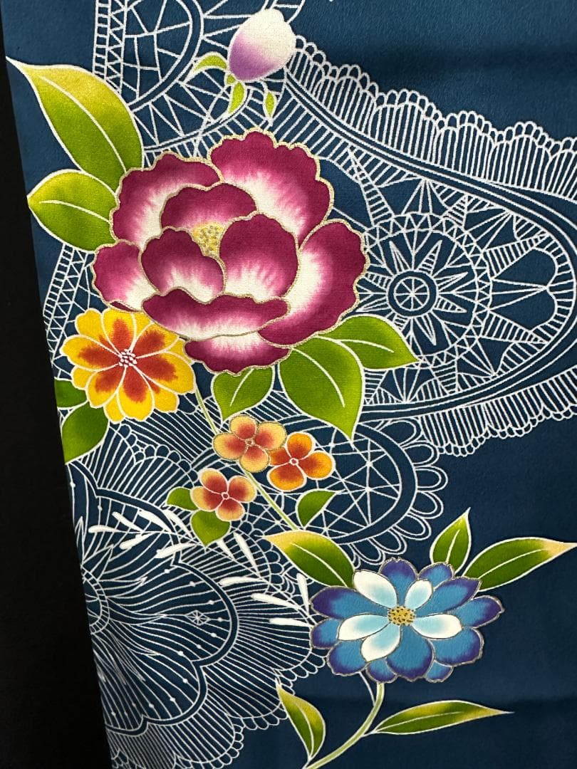 誰が袖好み 高島屋×千總 群青色 手描き友禅 振袖 落款あり